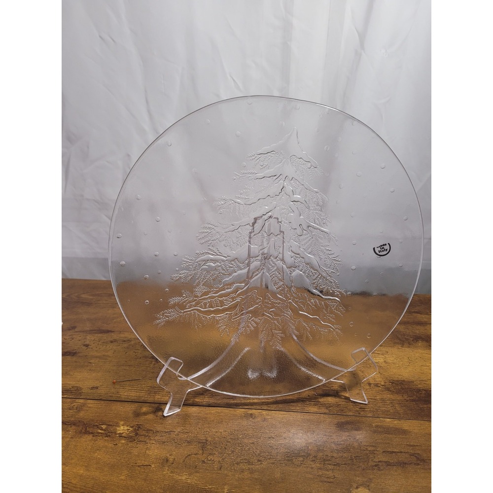 Crystal Serving Platter 12 3/4 in Clear Round Textured Tree made in Italy - Picture 2 of 7